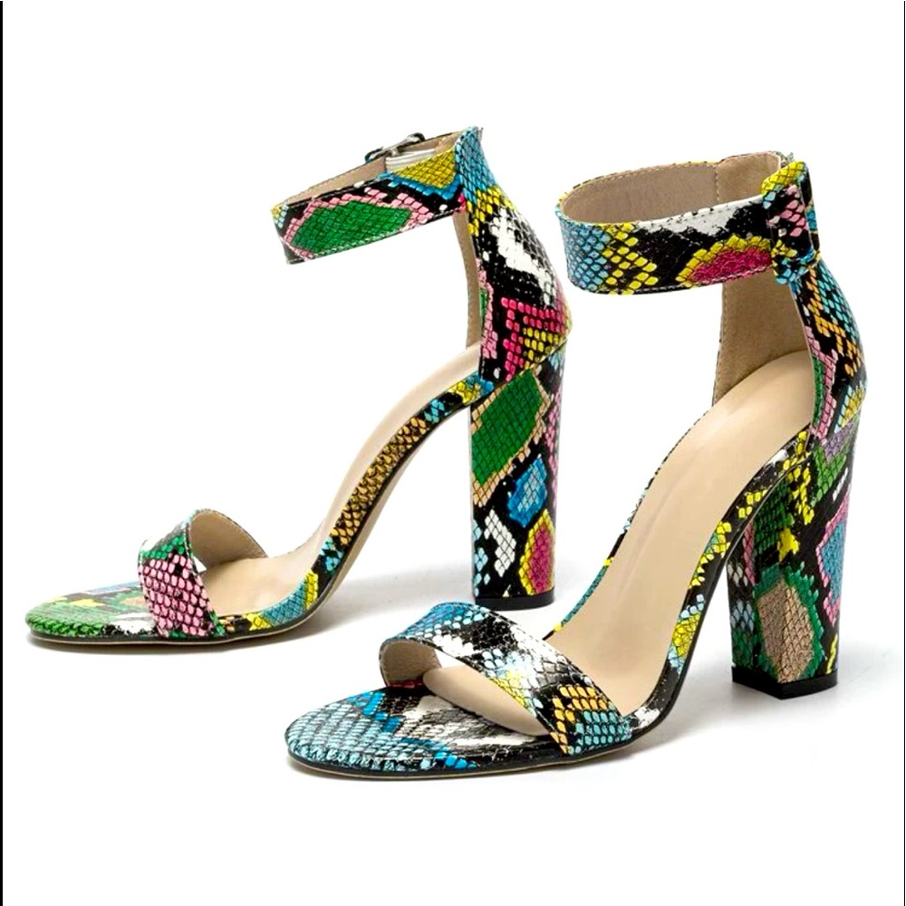 SHEIN NWOT rainbow snakeskin print chunky heel with strap